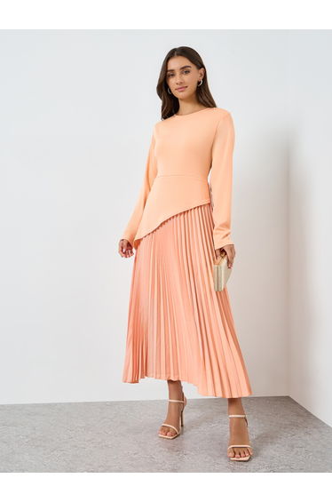 Women Peach Pleated Long Sleeve Midi Dress