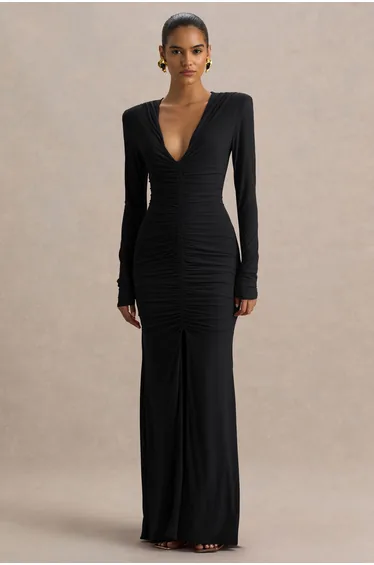 فستان كلوب ال لندن أسود ماكسي بقصة مستقيمة بأكمام طويلة