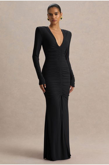 Jewel | Black Plunge-Neck Maxi Dress With Front Split and Ruched Detailing