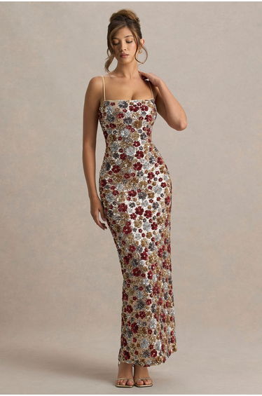 Vitora | Red Floral Sequin Square-Neck Maxi Dress