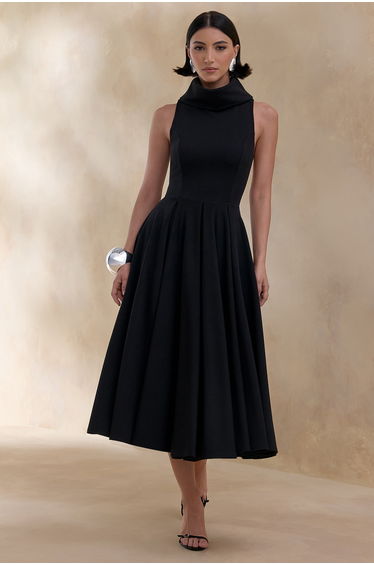 Exclusivity | Black High-Neck Midi Dress