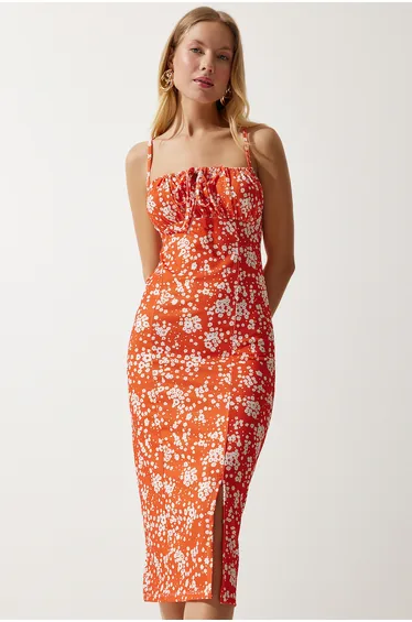 Women's Vibrant Orange White Floral Slit Summer Knitted Dress