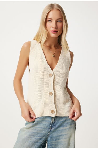 Women's Cream V Neck Knitwear Waistcoat