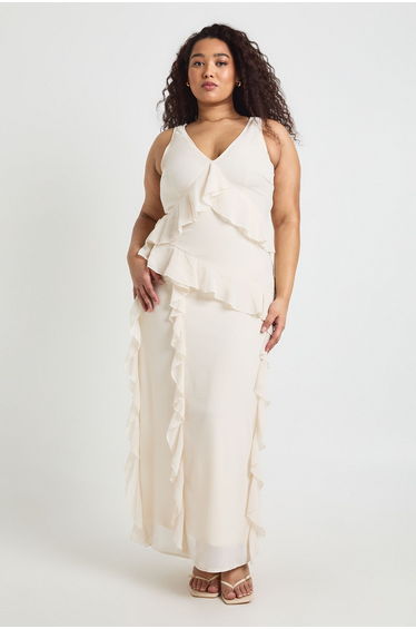 Plus Asymmetric Waist Ruffle Maxi Dress - ecru