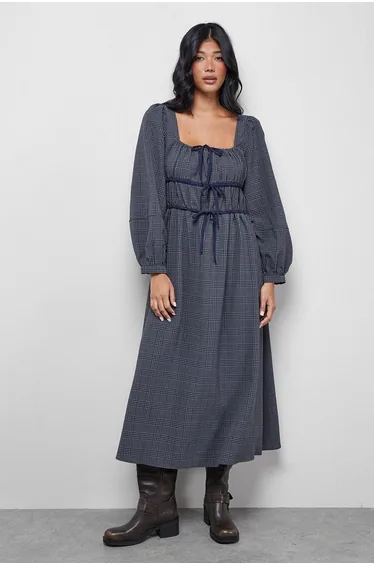 Check Tie Front Square Midi Dress