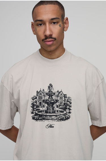 Oversized Boxy Fountain Print T-Shirt - stone