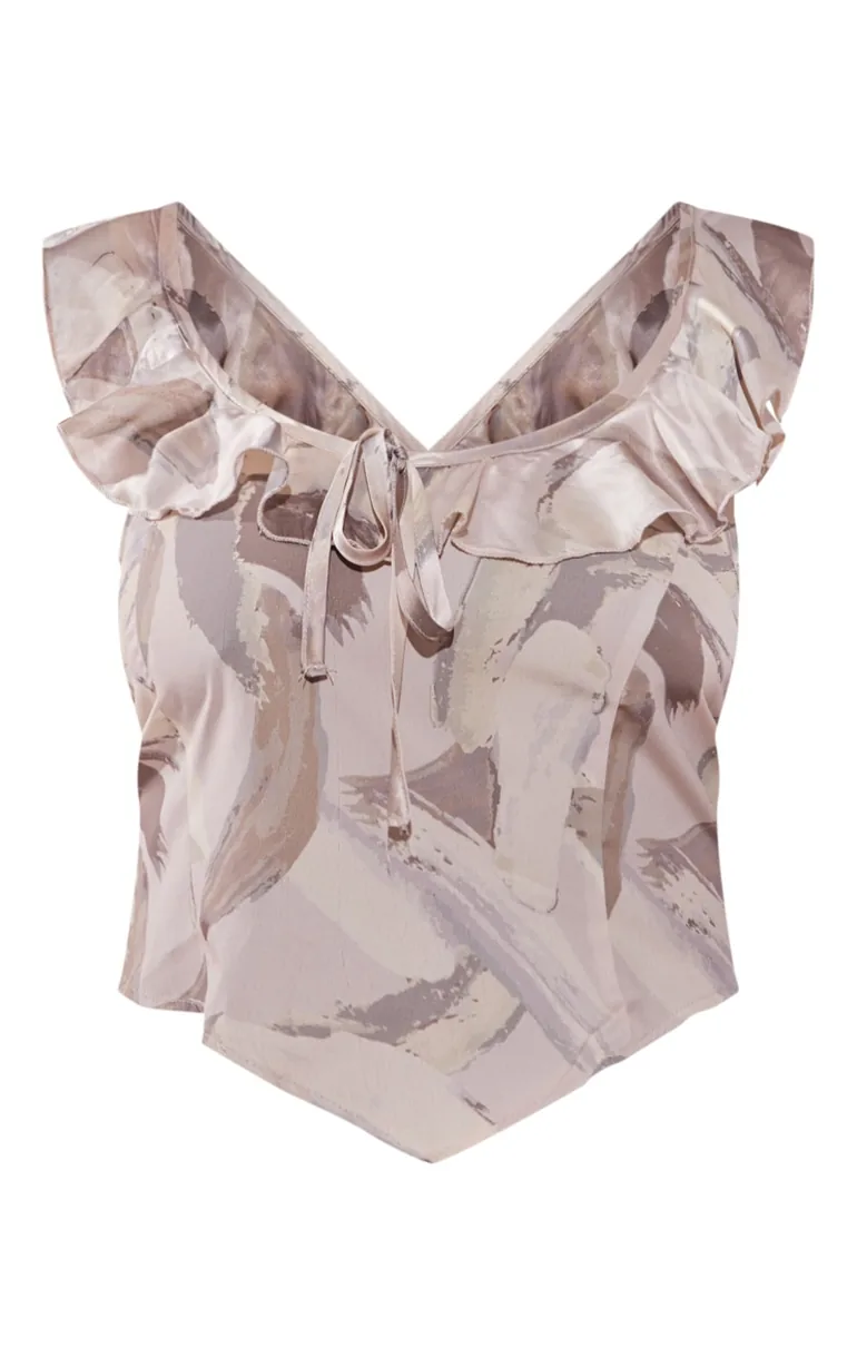 Plus Cream Mark Printed Ruffle Scoop Neck Top - 4