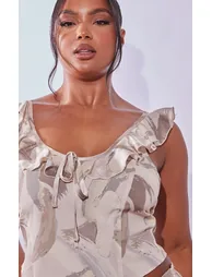 Plus Cream Mark Printed Ruffle Scoop Neck Top - 3