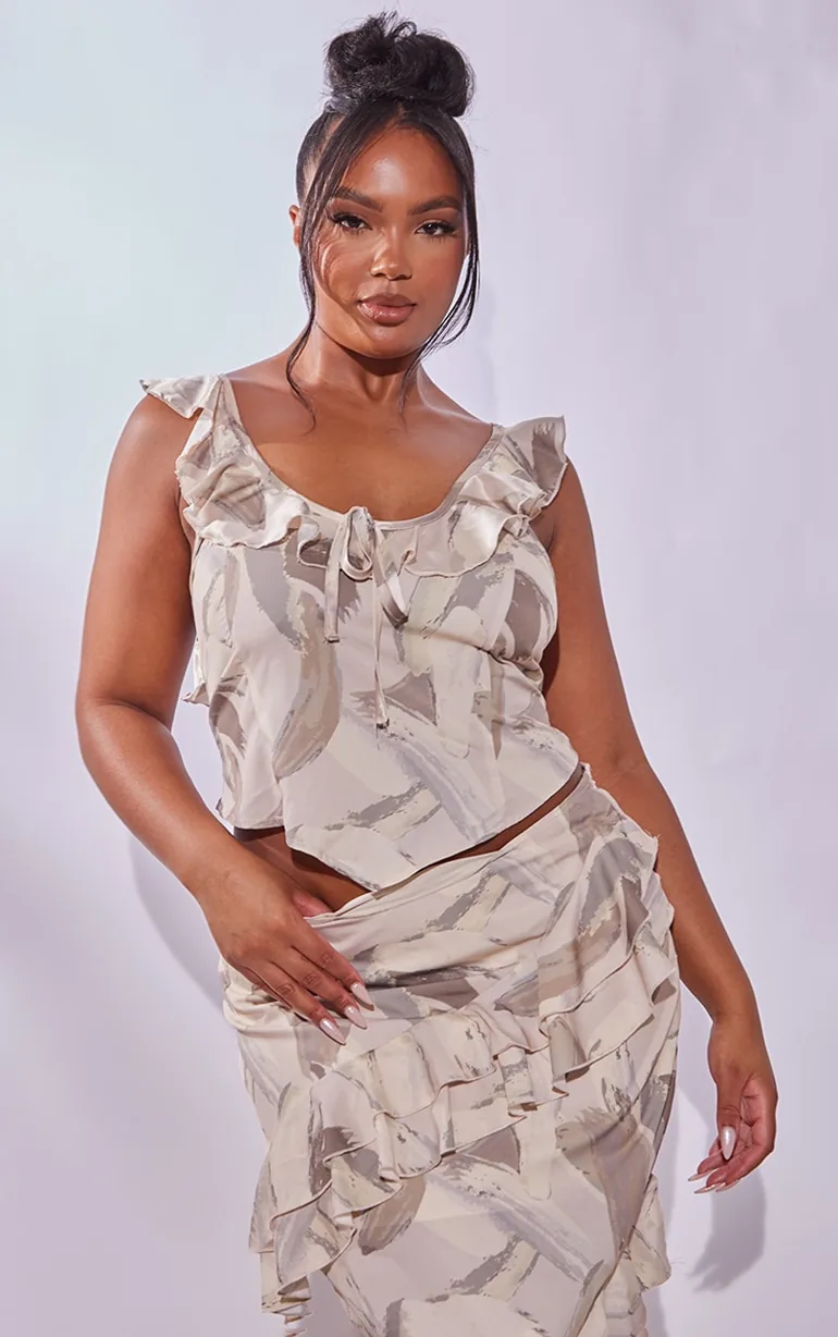 Plus Cream Mark Printed Ruffle Scoop Neck Top - 1