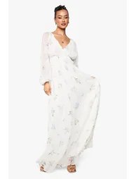 Tall Chiffon Floral Volume Sleeve Ruched Waist Maxi Dress - ivory