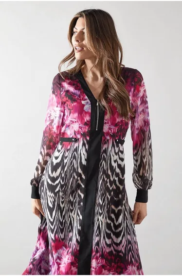 فستان ميدي بسحاب أمامي بحواف بطبعة أزهار