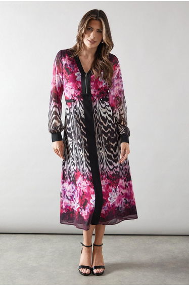 Zip Front Animal Floral Border Midi Dress