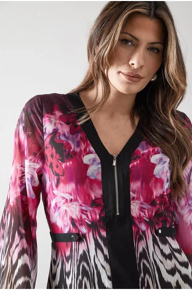 فستان ميدي بسحاب أمامي بحواف بطبعة أزهار