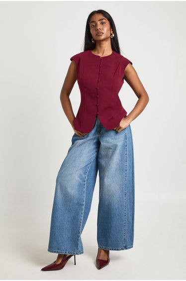 Cap Sleeve Button Front Tailored Top - burgundy