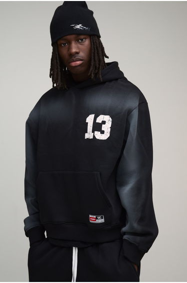 Oversized Boxy 13 Washed Printed Hoodie - black