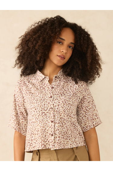 Brown All Over Print Crop Shirt