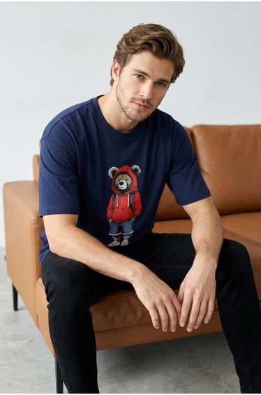 Navy Blue Unisex Oversize/Wide Cut Teddy Bear Printed 100% Cotton T-Shirt
