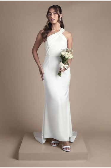 Pleat Detail Halter Neck Fishtail Satin Maxi Wedding Dress