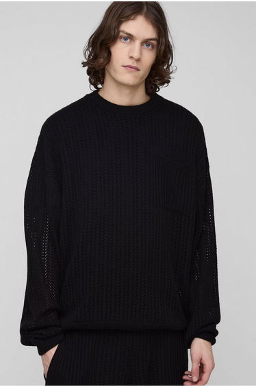Tall Open Stitch Oversized Crew Neck Jumper - black