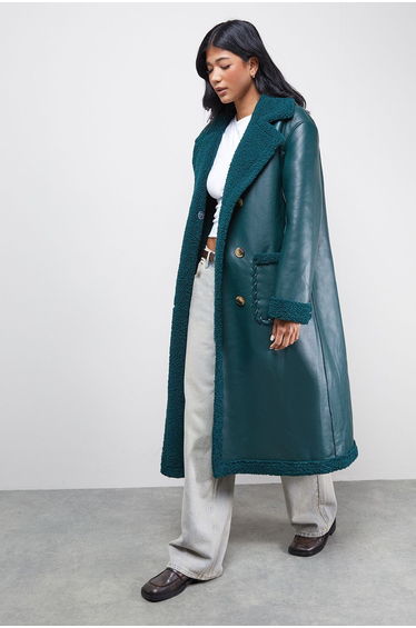 Whipstitch Faux Leather Shearling Coat