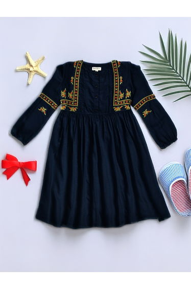 Embroidered Balloon Sleeves Knee-Length Dress