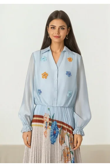 قميص فيمي9 ستان أزرق بأكمام طويلة