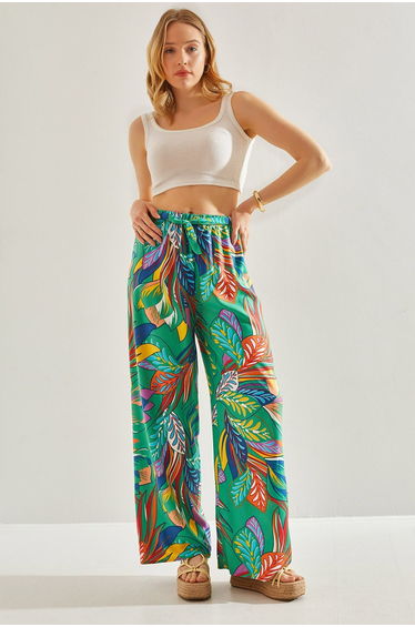 Women's Patterned Elastic Waist Viscose Trousers