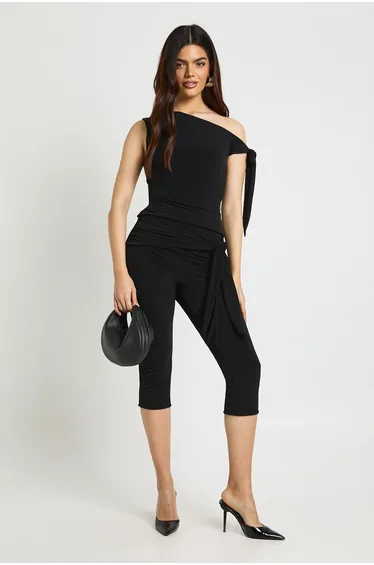 Double Layer Slinky Tie Waist Capri - black