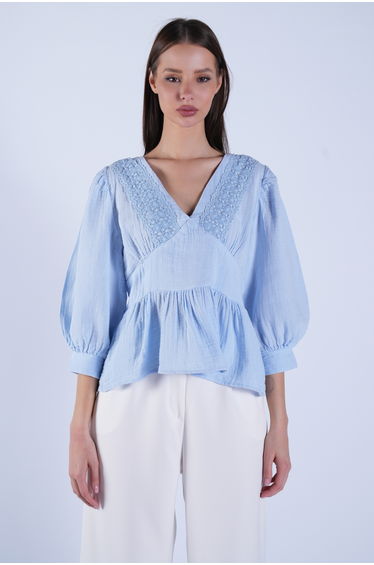 Women's Baby Blue Deep V-Neck Lace Embroidered Muslin Blouse
