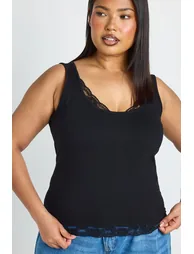 Plus Strappy Lace Trim Cotton Vest Top - black - 3