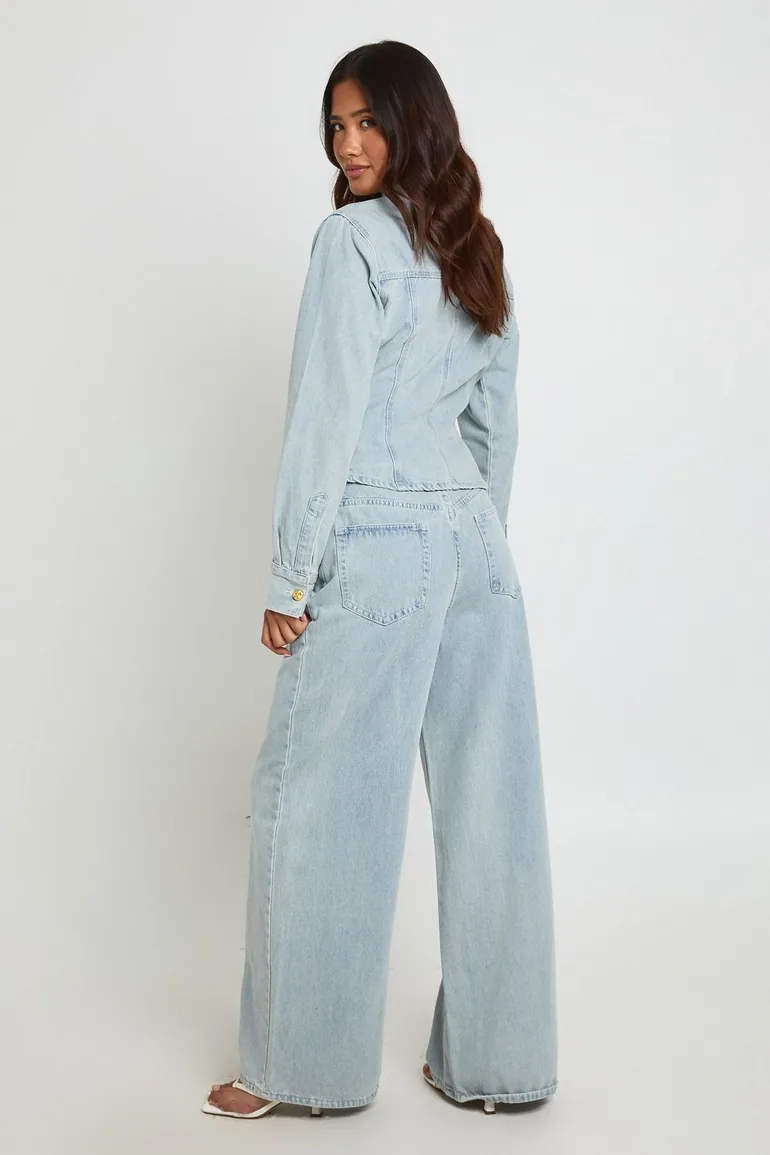 Gold Button Wide Leg Jean - bleach wash - 2