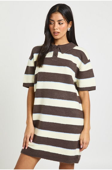 Stripe Collared Oversized Knitted Dress - chocolate
