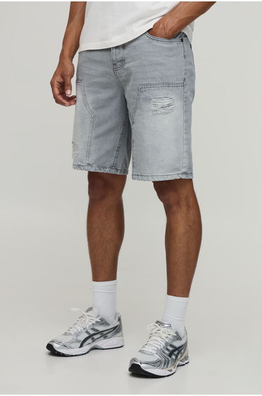 Relaxed Fit Rigid Panelled Ripped Denim Shorts - ice grey