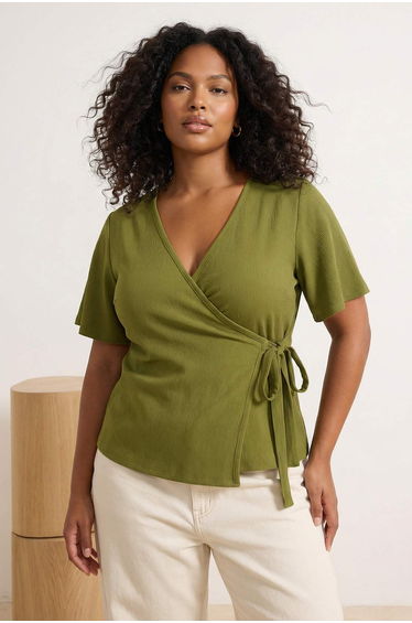 Oil Green Double-Breasted Knitted Blouse with Binding Detail