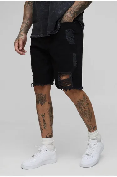 Tall Relaxed Ripped Gusset Denim Shorts - true black