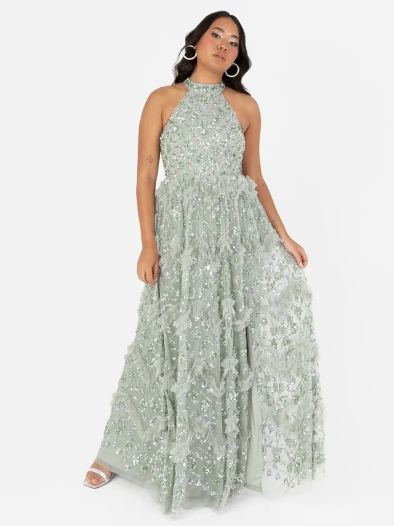 Shop Maya Sage Green Fully Embellished Halter Neck Maxi Dress with Skirt  Split Online in Oman