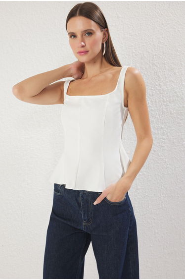 White Fitted Square Neck Peplum Woven Blouse