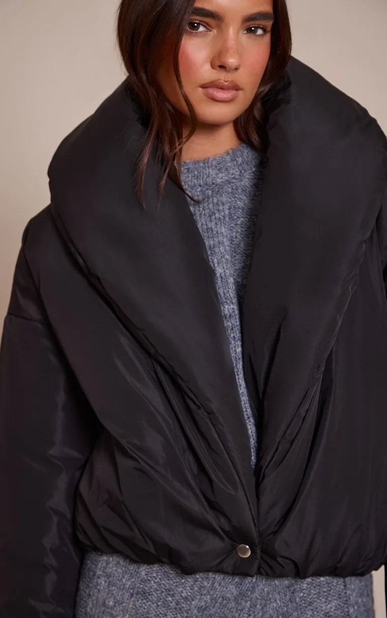 Black Exaggerated Collar Shell Puffer Jacket - 3