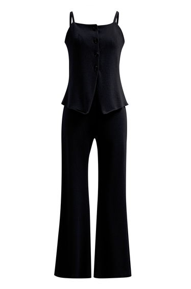 Button Front Asymmetric Cami Top and Pants Set in Black