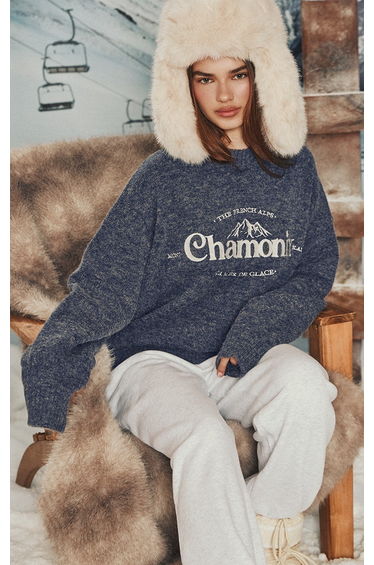 Blue Marl Chamonix Slogan Knitted Jumper