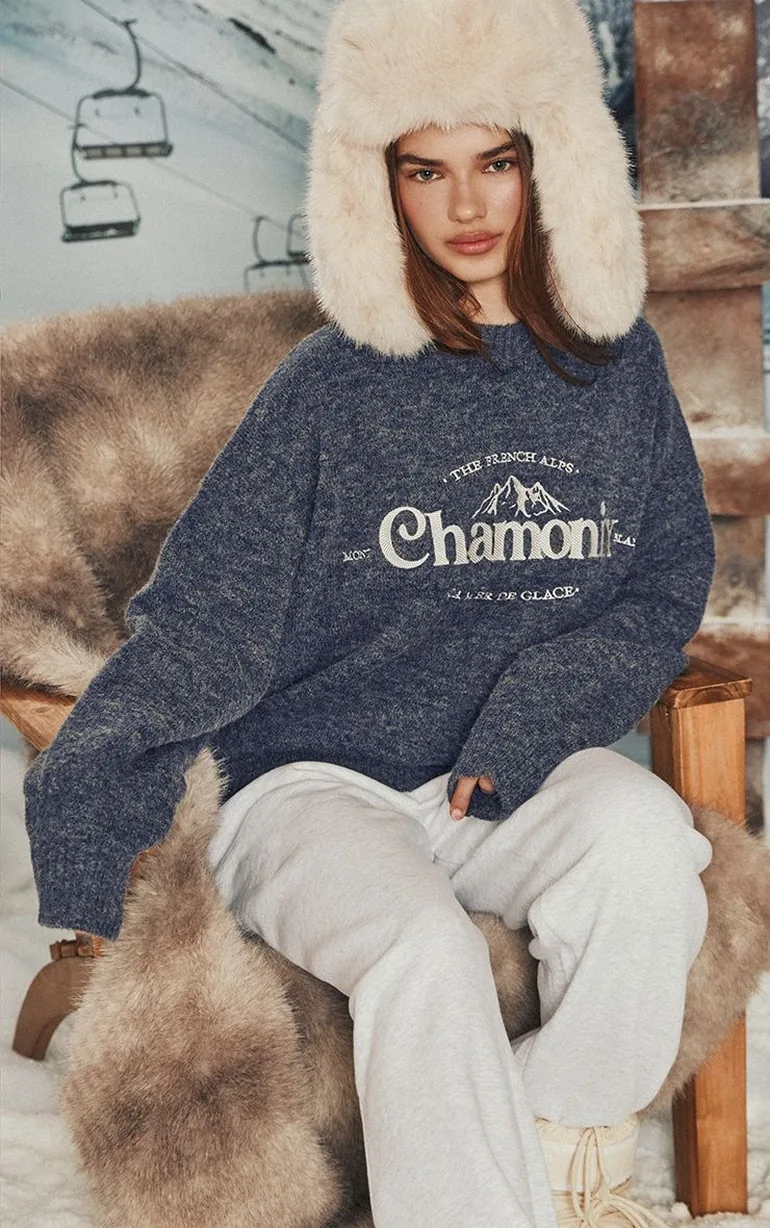 Blue Marl Chamonix Slogan Knitted Jumper - 5