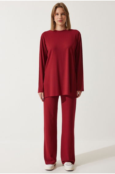 Women's Red Corded Knitted Blouse Trousers Set