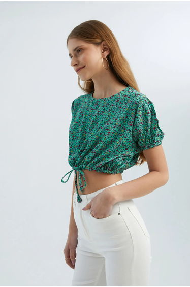 Floral Round Neck Drawstring Crop Top