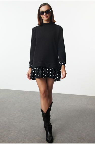 Black Polka Dot Woven Garnished Stretchy Knitted Dress with Ruffles Skirt