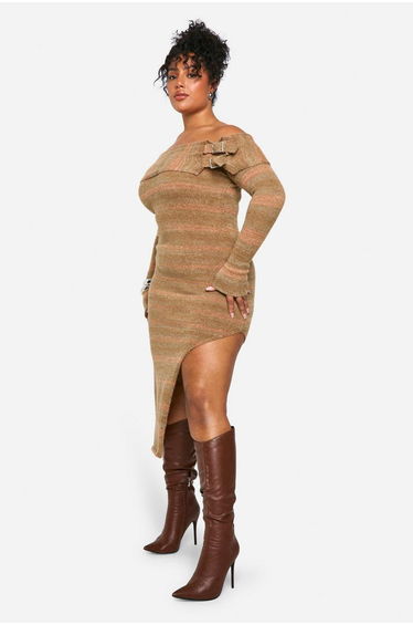Plus Bardot Buckle Knitted Dress - stone