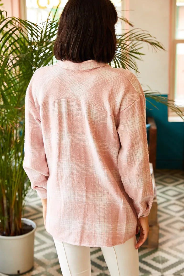 Women's Powder Double Pocket Loose Plaid Stamped Shirt - 1