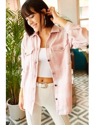 Women's Powder Double Pocket Loose Plaid Stamped Shirt