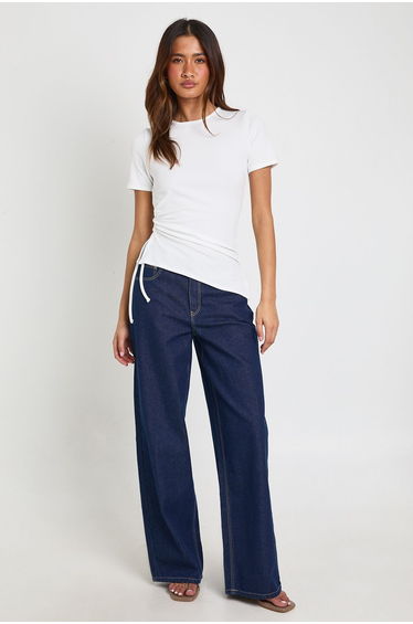 Ribbed Ruched Side T-Shirt - white