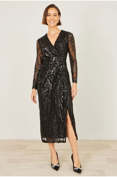 Yumi Black Sequin Midi Wrap Dress With Split Hemline And Long Sleeves