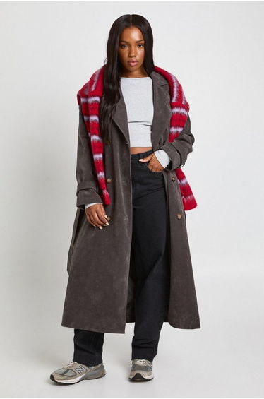 Faux Suede Trench Coat - grey